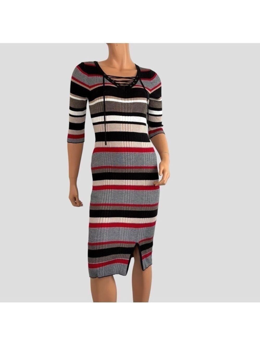Pink Rose Women’s Rib Knit Midi Dress Lace-up Striped Stretchy Sz S/P Y2K Indie - Picture 4 of 10